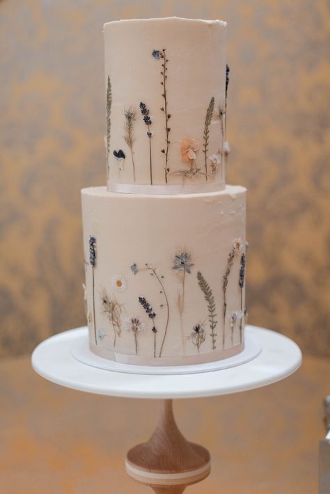 Edible pressed flower 2 tier buttercream wedding cake decorated with garden scene tyoe flowers in shades of blue, white and yellow | Hedsor House London UK 2 Tier Buttercream Cake, Wedding Cake Buttercream Flowers, 2 Tier Wedding Cakes, Willow Oak, Hedsor House, Edible Flowers Cake, London Cake, Floral Wedding Cake, Buttercream Wedding Cake