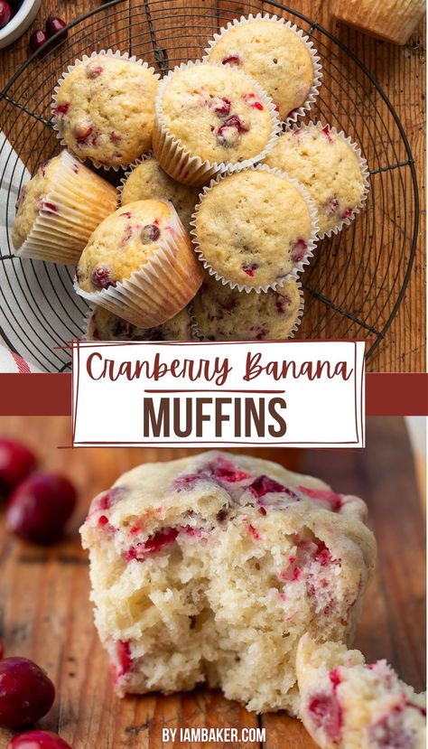 the first image shows many muffins on a wire rack on a wooden countertop. The second image shows half of a muffin on a wood surface with a few cranberries around it. Banana Dried Cranberry Muffins, Cranberry Muffins Recipes, Cranberry Banana Muffins, Banana Cranberry Muffins, Cranberry Nut Muffins, Lemon Cranberry Muffins, Mini Muffin Recipe, Cranberry Jelly, Cranberry Orange Muffins