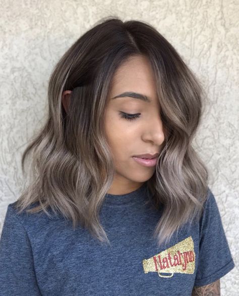 Short Hair Mushroom Brown, Mushroom Brown Balayage Short, Short Ashy Brown Hair Balayage, Mushroom Ombre Hair, Mushroom Short Hair, Mushroom Brunette Hair Short, Ash Brown Balayage Bob, Ash Gray Balayage Short Hair, Shoulder Length Mushroom Brown Hair