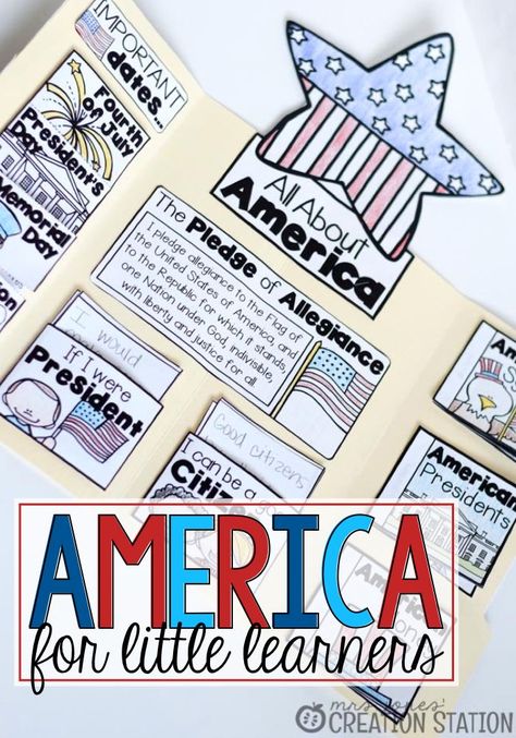 Mrs.Jone's Creation Station Teaching about United States of America to Little Learners (Lapbook) 4th Of July Unit Study, Station Teaching, The Pledge Of Allegiance, Summer Homeschool, America Theme, Lap Book, American Holidays, Homeschool Social Studies, State Symbols