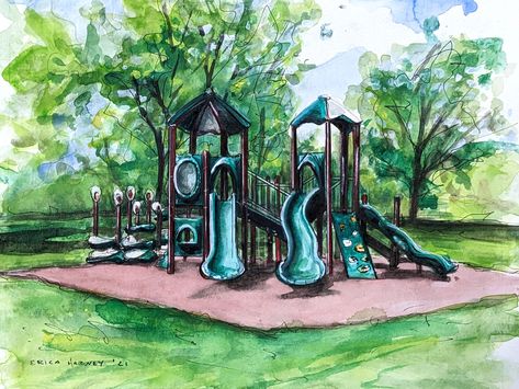 Art For Playroom, Playground Painting, Art For Kids Room, Master Of Fine Arts, Landscape Watercolor, Bachelor Of Fine Arts, Weird Things, Summer Landscape, Kids Room Art