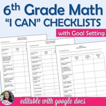 These EDITABLE checklists of all 6th grade standards allow students to set goals, self-assess, and keep track of their learning. The learning targets are written as "I can..." statements in student-friendly language. Students will rate themselves as limited mastery (1), partial mastery (2), or mastery (3) for each learning target in a unit.All 6th grade standards are covered in 6 units and can be edited however fits your curriculum.Ratios & PercentsFractions & DecimalsIntegersExpressions 6th Grade Must Haves, Learning Intentions, 6th Grade Math, Learning Targets, Goal Tracking, I Can Statements, Math Vocabulary, Math Poster, Math About Me