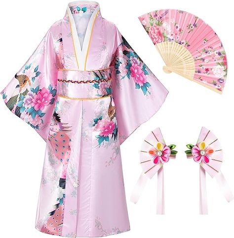 Japanese traditional flower kawaii kimono dress for girls kids Suit for: Daily wear ,Children party dress,Fun as birthday or holiday gifts,Halloween party uniforms, Cosplay party uniforms. A great costume or gift for festival and so on This kids girls kimono gown robe with classic traditional Japanese style will provide you a soft and comfortable experience.Luxurious silky feel and look, It is light weight and airy and satin soft to the touch. Comfortable to wear. Japanese Kids, Kimono Gown, My Little Pony Costume, Japanese Costume, Baby Costumes Girl, Folding Fans, Dress Kimono, Children Party, Lounge Robes