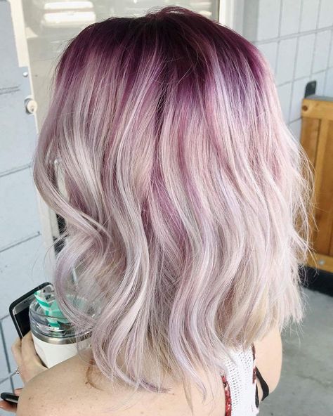 Color Roots Blonde Hair, Fun Gray Hair, Blonde Multicolor Hair, Coloured Roots Blonde Hair, Purple Roots Blonde Hair, Blonde Hair Purple Roots, Berry Pink Hair, Silver Hair Highlights, Blonde Hair With Roots