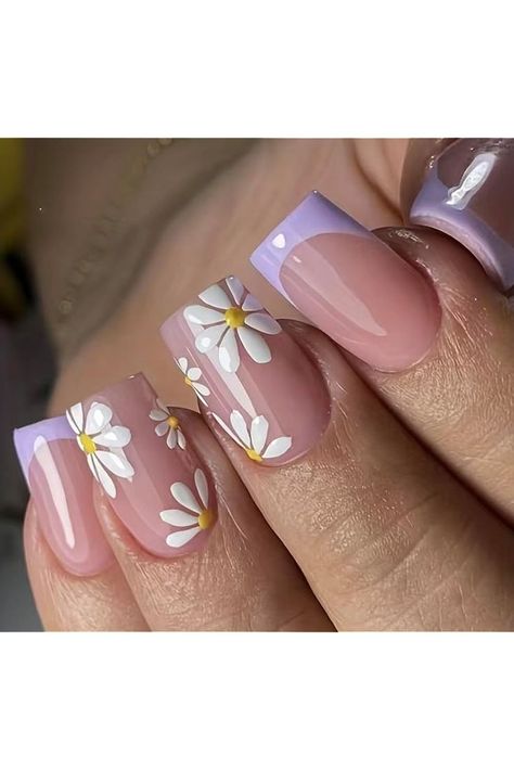 Nails Short Medium, Cute Fake Nails, French Press On Nails, Daisy Acrylic Nails, Purple French, Nails Press Ons, Full Cover Nail Tips, Press Nails, Chic Nail Art