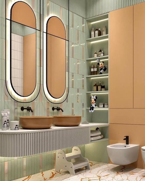 Kids Washroom Ideas, Pink Bathroom Vanity, Kids Bathroom Design, Spa Style Bathroom, Green Tile Bathroom, Circu Magical Furniture, Magical Furniture, Childrens Bathroom, Washroom Design