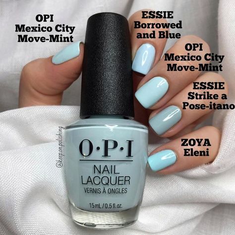 Silvia on Instagram: "Do I need some more minty/light teal nail polishes? 🤔 Maybe I don’t, but I am in love with all of them and, as you can see, they are close to each other but not exactly dupes! 💙 Would you like to see more comparisons in the future? *three coats each, without top coat* 🍀 @opi ~Mexico-City move-mint @essie ~ borrowed and blue, strike a Pose-itano @zoyanailpolish ~ Eleni" Opi Teal Nail Polish, Minty Blue Nails, Opi Light Blue Nail Polish, Mexico City Move Mint Opi, Opi Light Blue, Light Teal Nails, Opi Blue Nail Polish, Turquoise Nail Polish, Nail Star