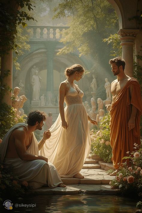 In this mesmerizing artwork, Aphrodite stands resplendent in a flowing gown, surrounded by mortal devotees. The golden light and ethereal atmosphere highlight her otherworldly allure, creating a stunning representation of the goddess's legendary beauty. #Aphrodite #CelestialBeauty #GreekGoddess #DivineFeminine #AIArtwork #MythologyInspired #EtherealBeauty Aries And Aphrodite, Greece Women, Figurative Art Painting, Flowing Gown, Roman Warriors, Greek Mythology Gods, Art Nouveau Illustration, Ancient Myths, Golden Light