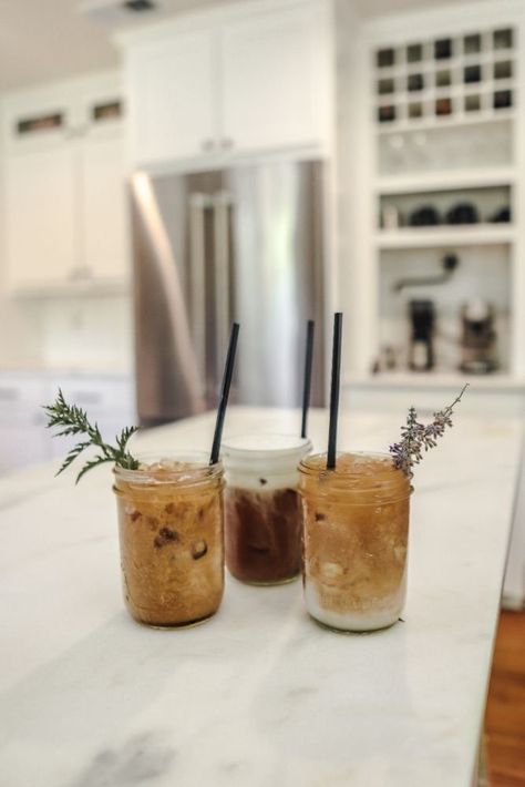 At Home Coffee Bar - Lavender Iced Latte Recipe - Farmhouse Living At Home Iced Coffee, Home Iced Coffee, At Home Coffee Bar, Wine And Coffee Bar, At Home Coffee, Iced Latte Recipe, Cold Brew Recipe, Iced Coffee Drinks, Coffee Ideas