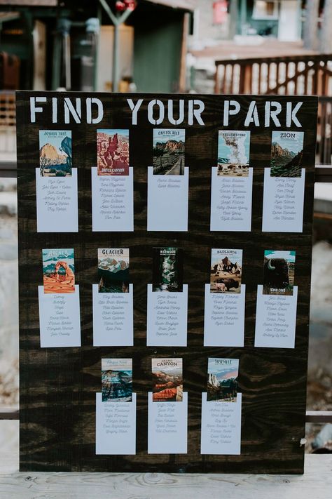 Find Your Park National Park themed seating chart for summer camp wedding Wedding In The Park Ideas, Seating Chart Mountain, Find Your Park Seating Chart, National Parks Seating Chart, Camp Seating Chart, National Park Inspired Wedding, Camp Inspired Wedding, Wedding Camping Theme, National Park Seating Chart