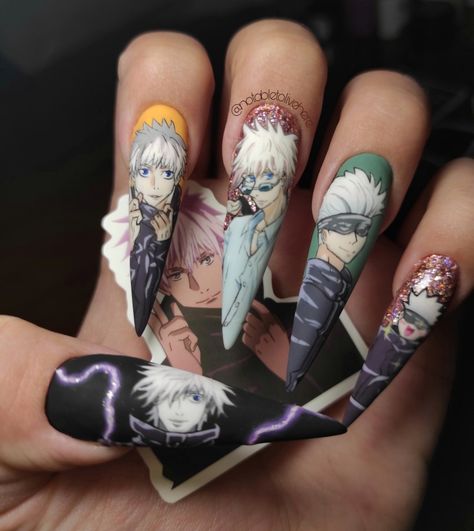 Nails Based On Anime, Gojo Satoru Nails Design, Gojo Nail Ideas, Manga Nail Art, Jjk Nails Gojo, Jjk Inspired Nails, Gojo Nails Inspired, Kakashi Nails, Gojo Tattoo Designs