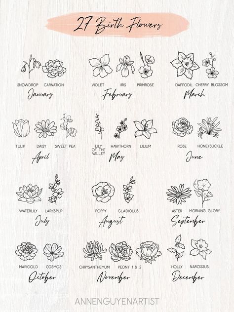 Birth Month Flower Tattoo Design Custom  Personalized Floral - Etsy Birth Flower Tattoo With Name, Flower Tattoo With Name, Flower Tattoo Placement, Month Flower Tattoos, Month Flower Tattoo, Birth Month Flower Tattoos, Flower Bouquet Tattoo, Bouquet Tattoo, Mommy Tattoos