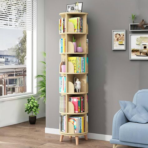 PRICES MAY VARY. 💕【360° Rotating】- This rotating bookshelf has a unique 360° rotating design. This bookcase not only attracts children to enjoy the fun of storage, but also displaying books, toys, CDs, handicrafts. 💕【Solid Wood】- Our standing rotating bookcase is made of Thickened Pine Wood. The surface can be painted to your favorite color. It is safe and stable and not easy to break. It needs some light sanding, and sand paper was provided. 💕【Space Saving】Diam: 18 inch. The circular bookcas Bookshelf On Top Of Dresser, Small Office With Bookshelves, Bookcase For Small Space, Unique Bookshelves Small Spaces, Standing Shelves In Bedroom, Bookshelf Ideas For Bedroom, Corner Space Ideas Bedroom, Books Shelf Ideas, Circular Bookcase