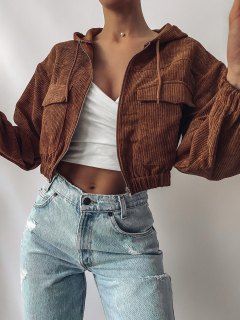 ZAFUL Corduroy Drop Shoulder Pocket Hooded Jacket - Chestnut M Women Long Cardigan, Pastel Outfit, Jacket Outfit, Mini Robes, Corduroy Jacket, Outfit Casual, Jacket Style, Ripped Jeans, Online Womens Clothing