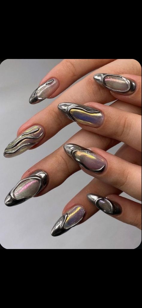 Nails, long nails, almond nails, silver nails, nail inspo, nail ideas, nail aesthetic, aesthetic nails, 3D nails, Silver 3D nails, swirl design, 3D swirl design, highway fashion nails, 2023 nail ideas, 2023 nails, trendy nails, 2023 trending nails, Black Nails 3d Design, 3d Swirl Nails, 3d Swirl Nail Designs, Silver Swirl Nails, Silver 3d Nails, Black 3d Nails, 3d Silver Nails, Black And Silver Nail Art, Black Pearl Nails