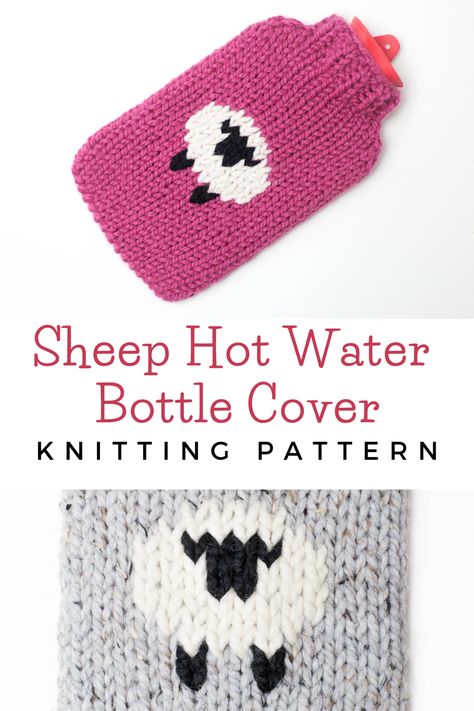 Sheep Cozy hot water bottle cover sweater knitting project. Free knitted pattern using chunky lion brand wool ease thick and quick yarn. Easy DIY handmade christmas gift personalized. Free knit pattern on our blog: https://www.foxandpinestitches.com/category/hotwaterbottlecovers/ OR purchase the ad-free printable version in our shop: www.foxandpinestitches.etsy.com Wool Ease Thick And Quick, Halloween Knitting Patterns, Xmas Market, Halloween Knitting, Designer Knitting Patterns, Bottle Covers, Lion Brand Wool Ease, Easy Handmade, Hot Water Bottle Cover