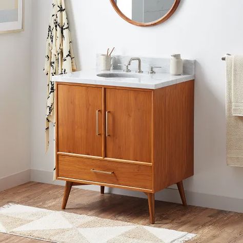 Single Sink Vanities | Signature Hardware Narrow Bathroom Vanity, Teak Bathroom Vanity, Teak Bathroom, Teak Vanity, Teak Mirror, Quartz Vanity Tops, Undermount Sinks, Acrylic Tub, Vanity Basin