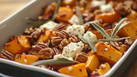 Maple Roasted Butternut Squash with Pecans and Goat Cheese - Luscious Recipes Squash Recipes Roasted, Butternut Squash With Maple Syrup, Butternut Squash With Pecans, Pecan Recipe, Luscious Recipes, Butternut Squash Recipes Roasted, Cozy Dinners, Roasted Pecans, Butternut Squash Recipes