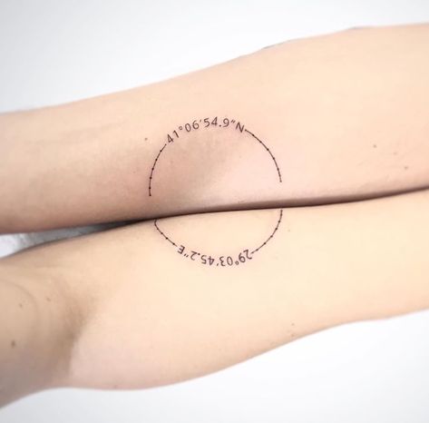 Intertwined Souls Tattoo, Couple Coordinate Tattoo, Couples Connecting Tattoos, 10 Year Anniversary Tattoo, Two Sister Tattoos, Minimalist Couple Tattoo Ideas, Married Couple Tattoos Small, Cousin Tattoos Meaningful, Distance Tattoos