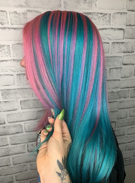 Hot pink and teal hair using Pulp Riot💘 IG: @haircraftbyash Hair Inspp, Bubble Gum Hair, Blue Hair Ideas, Teal Highlights, Blonde Hair With Pink, Blue And Pink Hair, Colors For 2024, Rochelle Goyle, Pulp Riot Hair Color