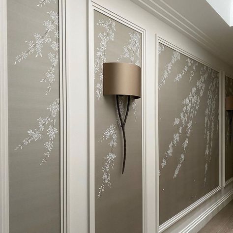 SIXTY3 LONDON on Instagram: “Beautiful bespoke wallpaper panels in the hallway at our Kensington project and one of our all time favourite wall lights 🤎” Wallpapers For Bedroom, Tree Artificial, Silk Wallpaper, Wall Molding, Hand Painted Flowers, Wallpaper Panels, Chinoiserie, All Time, All About Time