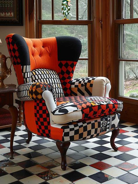 Whimsical Painted Furniture Ideas, Funky Armchairs, Reupholstered Chairs, Patchwork Armchair, Painted Furniture Ideas, Decorated Furniture, Painted Decor, Whimsical Painted Furniture, Funky Chairs