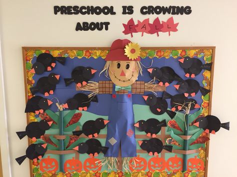 Scarecrow Display Board Ideas, Harvest Bulletin Board Ideas Preschool, Fall Billboard Ideas For School, Fall Bulletin Boards For Preschool, Scarecrow Bulletin Board Ideas Preschool, Fall Birthday Bulletin Board Ideas, Scarecrow Bulletin Board, Aba Quotes, Thanksgiving Door Decorations Classroom