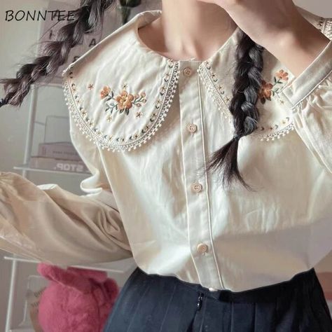 US $8.18 5％ Off | Peter Pan Collar Shirts Women Cute Korean Style Vintage Students Pure Girls Harajuku Female Fashion Chic Tops New Arrival Autumn Cottagecore Blouse, Cute Korean Style, Collar Shirts Women, Casual Elegant Style, Peter Pan Collar Shirt, Cottagecore Shirt, Korean Casual, Girls Blouse, Chic Top