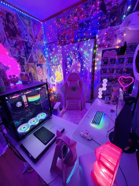 Streamer Room Aesthetic, Rainbow Gaming Setup, Gaming Room Ideas, Anime Bedroom Ideas, Anime Bedroom, Room Gaming, Gaming Bedroom, Computer Gaming Room, Otaku Room