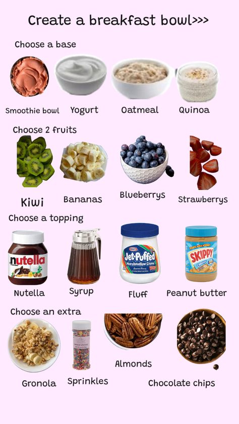 Comment what you choose!! School Breakfast Ideas, Easy Nutritious Meals, Breakfast Recipes Easy Quick, Fruit Smoothie Recipes Healthy, School Breakfast, Healthy Food Dishes, Healthy Food Motivation, Easy Baking Recipes Desserts, Breakfast Bowl