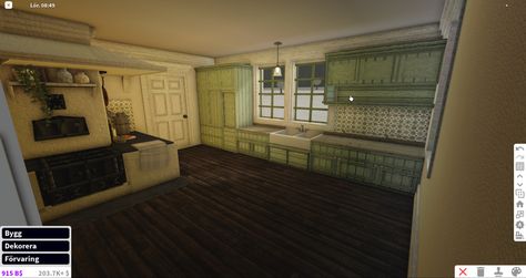 Victorian Kitchen Bloxburg, Bloxburg Victorian Kitchen, Vintage Bloxburg House, Victorian House Kitchen, Bloxburg Neighborhood, Interior Bloxburg, Bloxburg Victorian House, Bloxburg Rooms, Bloxburg Interior