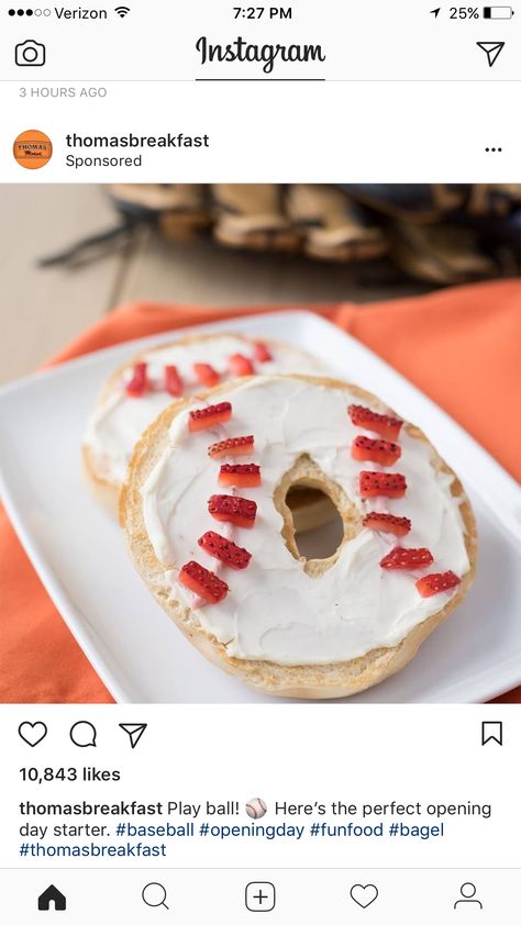 Bagel, cream cheese, cut strawberries, baseball, batter up Thomasbreakfasts Lox Breakfast, Bagel Sandwich Recipes, Cinnamon Raisin Bagel, Bagel Breakfast Sandwich, Smoked Salmon Bagel, Salmon Bagel, Breakfast Slider, Swirl Bread, Dairy Free Cream Cheese