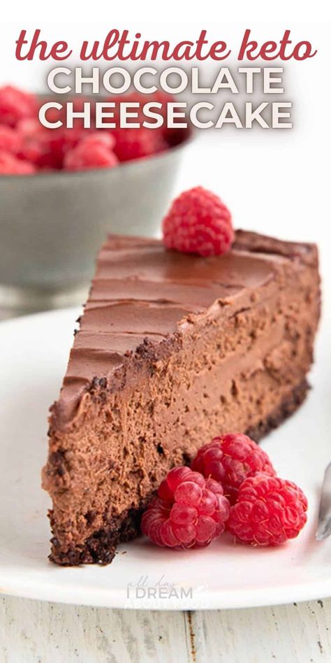 Keto Chocolate Cheesecake is the ultimate dessert for chocolate lovers. This mouthwatering baked cheesecake has triple the chocolate for triple the fun. Keto Cheesecake Bars Recipes, Low Calorie Chocolate Cheesecake, Keto Mascarpone Dessert, Low Cholesterol Cheesecake, Gf Keto Desserts, Keto Chocolate Cheesecake Recipes, Keto Chocolate Dessert Recipes, High Protein Chocolate Cheesecake, Chocolate Cottage Cheesecake