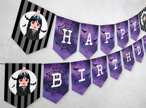 Wednesday Bunting Banner, Printable Family Addams Birthday Decoration, Wednesday Happy Birthday Banner, Nevermore REF016 etsy Bunting Banner Template, Addams Family Theme Party, Addams Family Theme, Birthday Party Planner, Wednesday Adams, Banner Printable, Party Stationery, Printable Banner, Party Kit