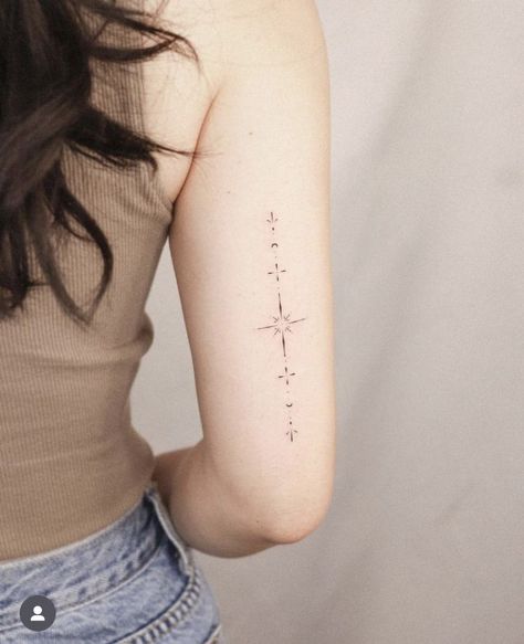 Line Of Stars Tattoo, Fine Line Tattoo Ideas For Women Arm, Malta Tattoo, Tricep Tattoos Women, Stardust Tattoo, North Star Tattoos, Tattoo Mother, Tricep Tattoos, Butterfly Tattoos On Arm