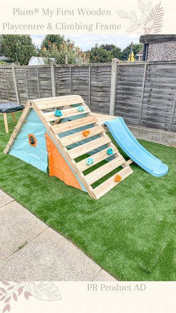 Charlotte | DIY | Decor on Instagram: "Lets build together… AD the wonderful My First Wooden Playcentre & Climbing Frame from @plumplayuk @mamasandpapas Autumn and Henry have loved playing on here since we were kindly gifted it, its been great for hide and seek and have loved the little den space. Autumn did so well at her first day in childcare, I am so proud of her and getting photo updates through the day was so lovely! My first day of my new job went well and im excited to learn more, its Pallet Playground, Toddler Climbing Wall, Kids Garden Play Area, Kids Climbing Frame, Kids Outdoor Playground, Pallet Kids, Toddler Play Area, Wooden Climbing Frame, Coastal Curtains