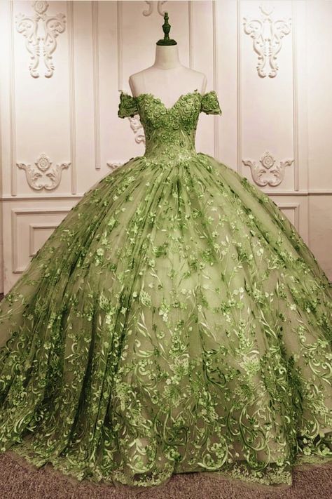 Dress For 15th Birthday, Off The Shoulder Quince Dress, Frog Wedding, Aramex Delivery, Tiana Wedding, Enchanted Dress, Quincenera Dresses, Green Ball Gown, Tiana Dress