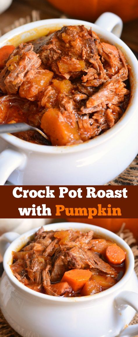 Crock Pot Roast with pumpkin is a perfect seasonal twist on on a classic comfort dinner recipe. Tender roast made in a slow cooker with fresh pumpkin, carrots, onions, and flavorful tomato based gravy. #potroast #crockpot #slowcooker #crockpotroast #pumpkin #beef Pumpkin Carrots, Crock Pot Roast, Pumpkin Pot, Pumpkin Crockpot, Pumpkin Recipes Dinner, Pumpkin Stew, Hoppin John, Comfort Dinner, Fresh Pumpkin