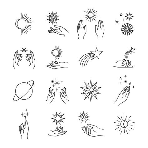 Aesthetic hands and cosmic and celestial elements. Universal cosmos related icons. Linear vector illustrations. Magic and Witchcraft symbology. Magic Icons Aesthetic, Celestial Aesthetic Art, Celestial Drawings, Cosmic Illustrations, Celestial Icons, Psychic Art, Celestial Illustration, Purple Goddess, Aesthetic Hands