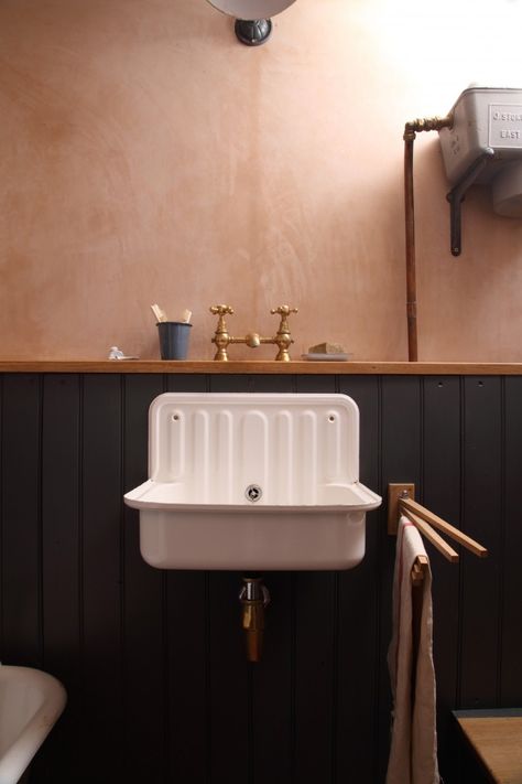 Bathroom of the Week: A Vintage-Inspired Bath in London (Made with Salvaged Materials) - Remodelista Alape Bucket Sink, Black Wainscoting, Victorian Apartment, Bucket Sink, Vintage Sink, White Kitchen Sink, Bad Inspiration, Downstairs Bathroom, Boho Interior