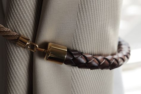 LEATHER COBRA TIEBACK Drapery Tie Backs, Plain Curtains, Curtain Tiebacks, Contemporary Textiles, Leather Tie, Style 2023, Drapery Hardware, Curtains With Rings, Curtain Tie Backs