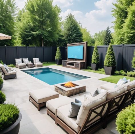 Pool With Entertainment Area, Small Yard With Pool, Garden Outdoor Kitchen, Outdoor Kitchen Garden, Pool Area Ideas, Bedroom Furniture Ideas, Dream Backyard Pool, Home Quotes, Pool House Designs