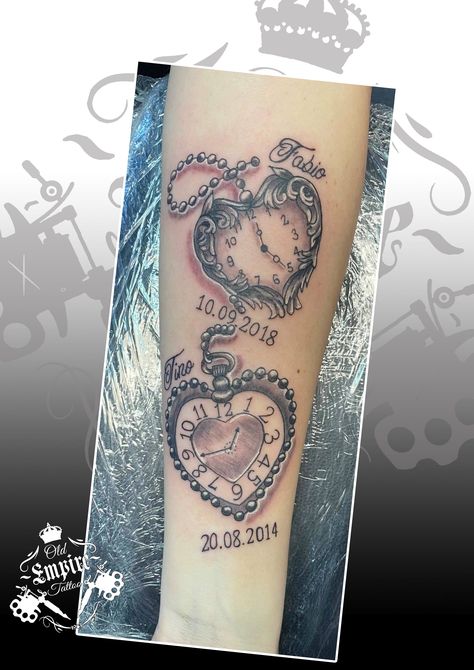 Heart Clock Tattoos For Women, Heart Pocket Watch Tattoo, Clock Tattoos For Women Kids, Heart Pocket Watch Tattoo Design, Tattoos For Moms With Kids Sleeve, Heart Shaped Clock Tattoo, Cupples Tattoos, Clock Tattoos For Women, Heart Clock Tattoo Design