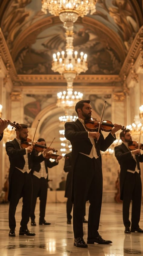 Elegant Violin Performance: Violinists in formal attire perform an elegant piece in a grand hall with beautiful chandeliers. #music #performance #elegance #violin #orchestra #aiart #aiphoto #stockcake ⬇️ Download and 📝 Prompt 👉 https://ayr.app/l/hAa2 Violin Concert Aesthetic, Violinist At Wedding, Orchestra At Wedding, Violinist Wedding Ceremony, Orchestra Wedding Ceremony, Violin At Wedding, Symphony Orchestra Aesthetic, Classic Music Aesthetic, Fantasy Kingdom Aesthetic