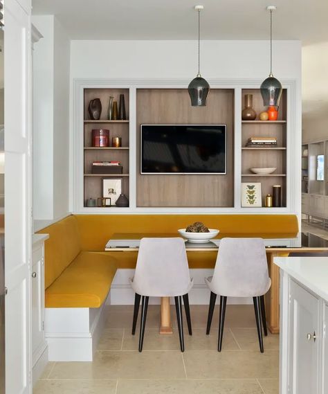 Banquette seating ideas: for a stylish & comfy kitchen diner | Built In Banquette Seating, Small Kitchen Diner, Seating In Kitchen, Fabric Kitchen Chairs, Banquette Seating In Kitchen, Built In Banquette, Kitchen Banquette, Small Dining Area, Comfortable Kitchen