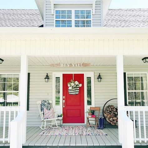 Grey House White Trim, Red Door House, Outside House Colors, Red Doors, Shutter Colors, Red Paint Colors, Red Front Door, Red Farmhouse, Front Door Paint Colors