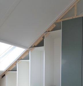 Gorgeous built-in closet under sloped ceiling - IKEA Hackers Slanted Ceiling Closet, Sloped Ceiling Closet, Sloped Ceiling Bedroom, Ikea Wardrobe Hack, Built In Closet, Pax Closet, Attic Wardrobe, Ikea Built In, Slanted Walls