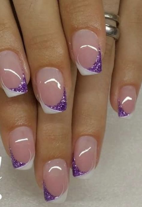 French With Purple Tips, French Tip With Silver Design, Ombre French Tip Nails Short, Short Acrylic Nails French Tip Design, Purple Nails Short Square, French Tip Acrylic Nails Purple, French Nails With Purple, Purple Nails With Designs, Purple Glitter French Tip Nails