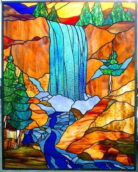 20 Amazing Glass Painting Designs For Wall Hanging - Artistic Haven Glass Waterfall, Angel Falls, Vernal Falls, Glass Painting Designs, Stained Glass Paint, Glass Mosaic Art, زجاج ملون, Landscape Quilts, Stained Glass Diy