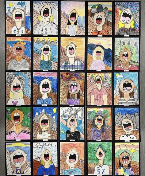 The Scream Art Project, Self Portrait Kids, 3rd Grade Art Lesson, Elementary Art Lesson Plans, Scream Art, Art Emotions, Art Fil, Art Classroom Decor, Art Projects For Teens